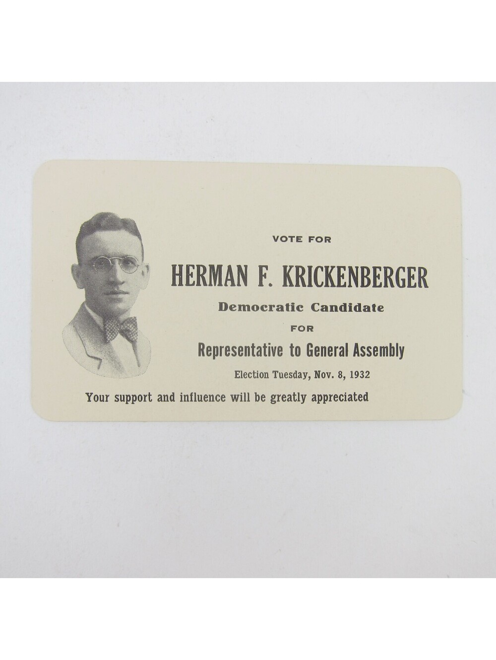 Political Campaign Election Card Greenville Ohio Herman Krickenberger 1932 Vintg